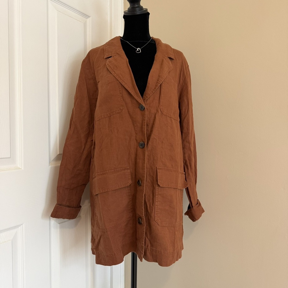 J. Jill Womens Brown Rust 100% Linen Long Sleeve Button Front Blazer Jacket (M)